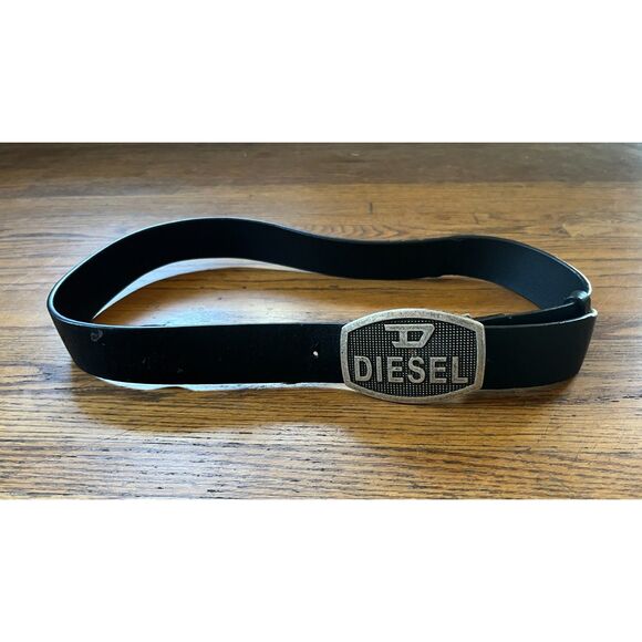 Diesel Industries Black Leather Brass Buckle 44" Y2K Belt - Picture 1 of 4